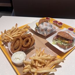 Charburger, Veggie Burger, Fries and Onion rings Charburger, Veggie Burger, Fries and Onion rings