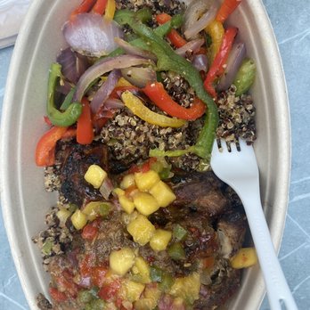 Jrk! - Jerk chicken, over jerk quinoa, with jerk peppers and mango salsa. - Caribbean Near Me - Aventura, Florida Jrk! - Jerk chicken, over jerk quinoa, with jerk peppers and mango salsa. - Caribbean Near Me - Aventura, Florida