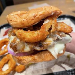 Habit Burger & Grill - Double Char with Cheese, side Onion Rings (TOP IT)