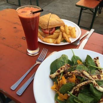 The Green Room - Grilled halloumi, spinach and roasted tomato salad with parsnip crisps - Cafes Near Me - London, XGL