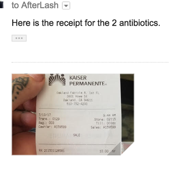 The AfterLash - Shireen  "never received this" and opened up a dispute. There's 2 charges of $10 but screenshot didn't get it all. - Eyelash Service Near Me - Alameda, California