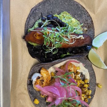 Casa Masa - Sweet potato taco and blackened shrimp taco. - Mexican Near Me - Sarasota, Florida Casa Masa - Sweet potato taco and blackened shrimp taco. - Mexican Near Me - Sarasota, Florida