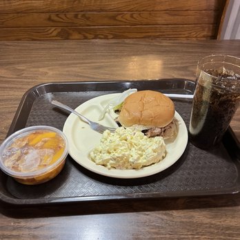 Bubba's BBQ & Steakhouse - Pulled pork sandwich, Potato Salad, Homemade Peach Cobbler - Barbeque Near Me - Ennis, Texas