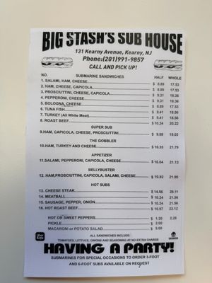 Menu photo 2 Big Stashs Sub House Kearny, NJ Menu photo 2 Big Stashs Sub House Kearny, NJ