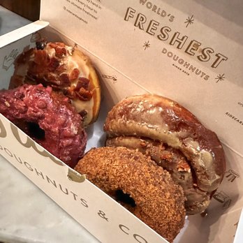 Sidecar Doughnuts & Coffee - Huckleberry, Cinnamon Roll, Maple Bacon & Saigon Cinnamon Crumb Doughnuts - Donuts Near Me - Costa Mesa, California