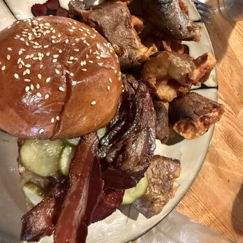 Thyme Craft Kitchen - Double burger with cheese and bacon and crispy delicious potatoes - American Near Me - Peru, Illinois Thyme Craft Kitchen - Double burger with cheese and bacon and crispy delicious potatoes - American Near Me - Peru, Illinois