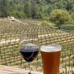 a glass of wine and a glass of beer