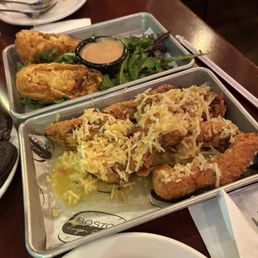 Garlic parm chicken 'wings' and pulled pork egg rolls