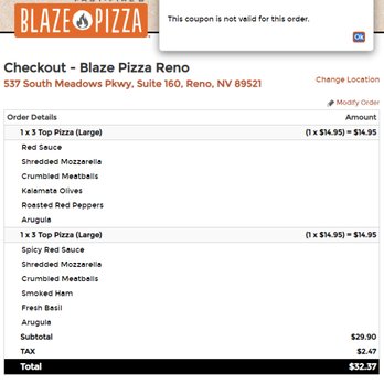 Blaze Pizza - Apparently the coupon "PIZZAUPGRADE5" for a "Free large Blaze pizza with the purchase of any regularly priced large pizza" doesn't work. - Salad Near Me - Reno, Nevada