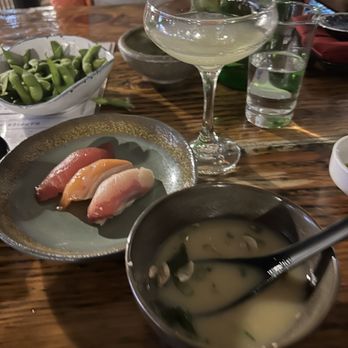 Dragonfly Sushi and Sake - Nigiri trio and miso soup off happy hour menu - Sushi Bars Near Me - Gainesville, Florida