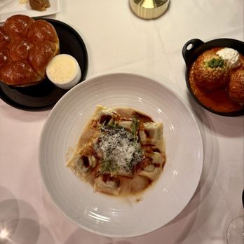 Oscar's Steakhouse - Moose's Glazed Pork Belly (top left BEST), Bread with spreadable Butter (left), No Nose's Mob Meatballs (right), Short Rib Ravioli (bottom) - Steakhouses Near Me - Las Vegas, Nevada