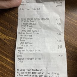 a receipt for a drink