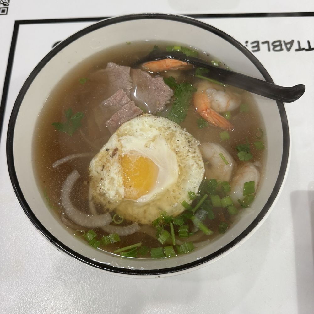 Twenty Pho Hour - Pho Tai (Rare Steak Pho)  with egg and shrimp - Noodles Near Me - Orlando, Florida