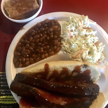 Swine Dining BBQ - Beef Brisket sandwich with baked beans and coleslaw.  Plus caramel crushed bread pudding - Barbeque Near Me - Bellevue, Nebraska
