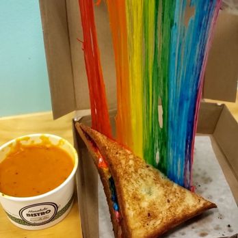 Honolulu Bistro - Da Aloha rainbow sandwich with tomato soup. Look at that cheese pull! - Hawaiian Near Me - Honolulu, Hawaii