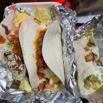 Illegal Pete's Northside - Bacon, potato, egg & cheese breakfast tacos. Salsa on the tacos not on the side?? - Mexican Near Me - Denver, Colorado