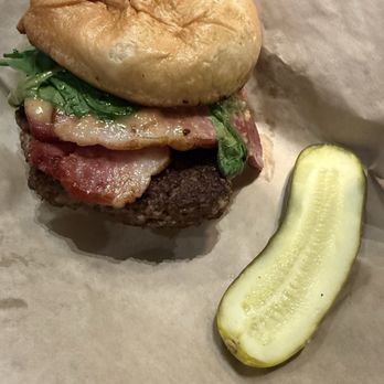 Craggy Range Bar & Grill - Gluten free bun - bacon burger with pickle - American Near Me - Whitefish, Montana