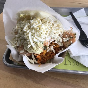 Saman - The Bistro Special Arepa Chicken pork beef and shrimp with blanco cheese. - Venezuelan Near Me - Doral, Florida