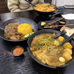 soto madura - beef, beef rendang, beef satay (4), laksa noodle soup soto madura - beef, beef rendang, beef satay (4), laksa noodle soup