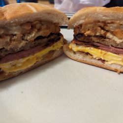Margarita's Deli - The Monster. Pork roll, sausage, bacon, chicken breast, eggs, cheese, and a hash brown
