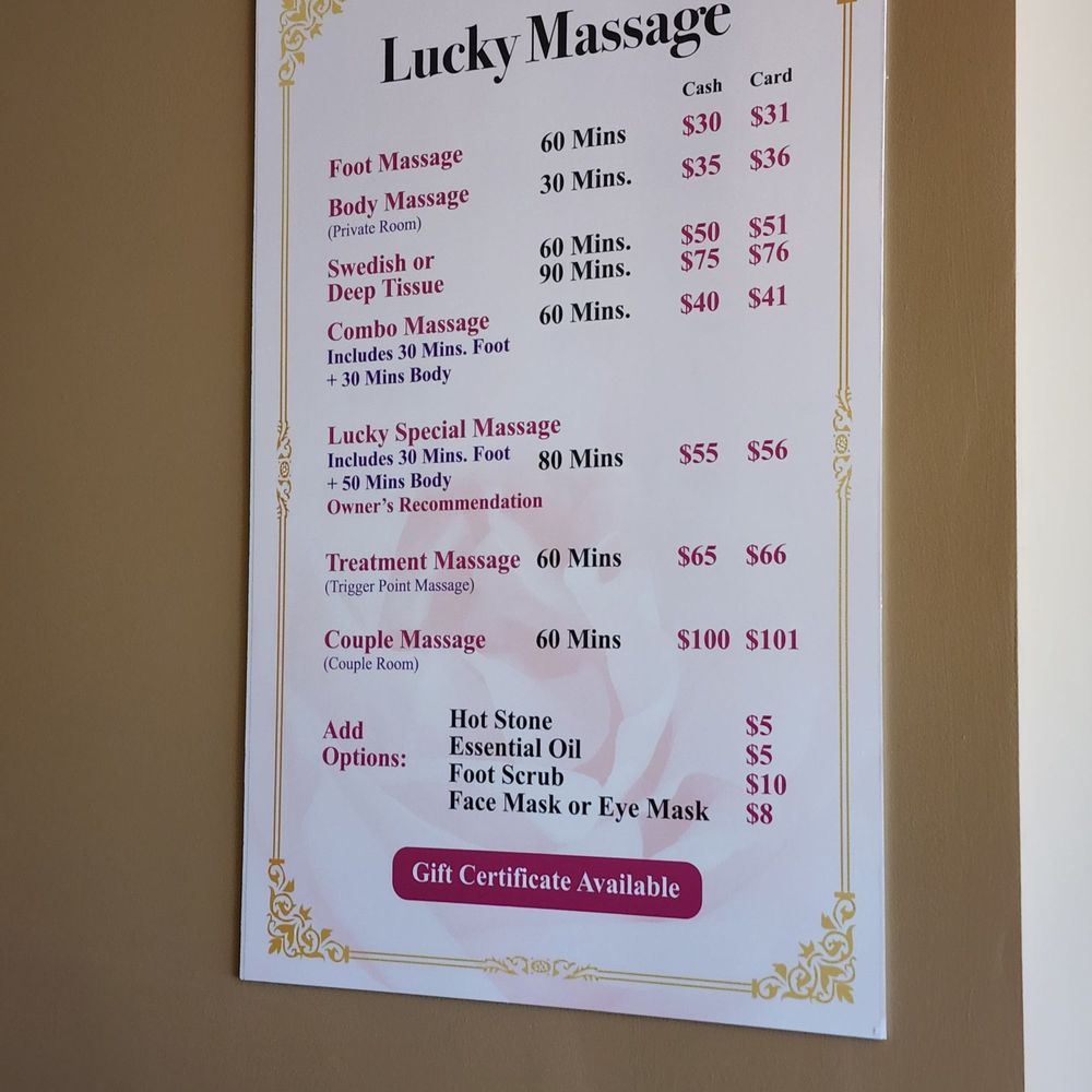 Lucky Massage - Price list 5/30/22 - Massage Therapy Near Me - Santa Ana, California Lucky Massage - Price list 5/30/22 - Massage Therapy Near Me - Santa Ana, California
