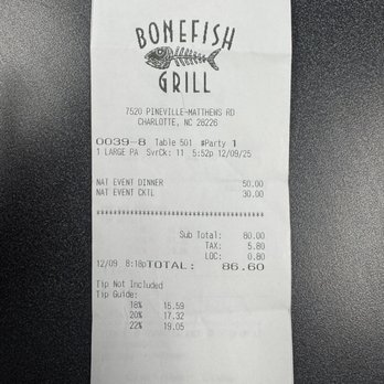 Bonefish Grill - Receipt, since I don't have pictures of the mediocre food - Seafood Near Me - Charlotte, North Carolina