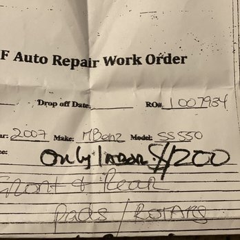 Flathouse Tires - Receipt from JF AUTO REPAIR - A crumpled paper titled 'Auto Repair Work Order' displays handwritten information about a vehicle repair. It includes the drop-off date, receipt number, vehicle make and model (2007 Mercedes-Benz SS550), and a note indicating that only the front pads and rotors were replaced. The paper appears to be a printed form with handwritten entries, placed on a textured surface. - Tires Near Me - Plainfield, New Jersey