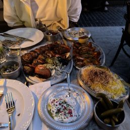 Tikkeh Masti Kabab, Meygoo Kabab & Chenjeh Kabab with house rice and salted brine cucumbers Tikkeh Masti Kabab, Meygoo Kabab & Chenjeh Kabab with house rice and salted brine cucumbers