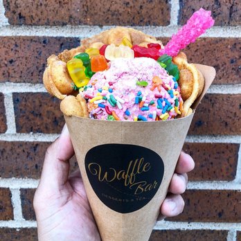 Waffle Bar - Eye Candy waffle with strawberry ice cream, rock candy stick, gummy bears and sprinkles - Waffles Near Me - Minneapolis, Minnesota