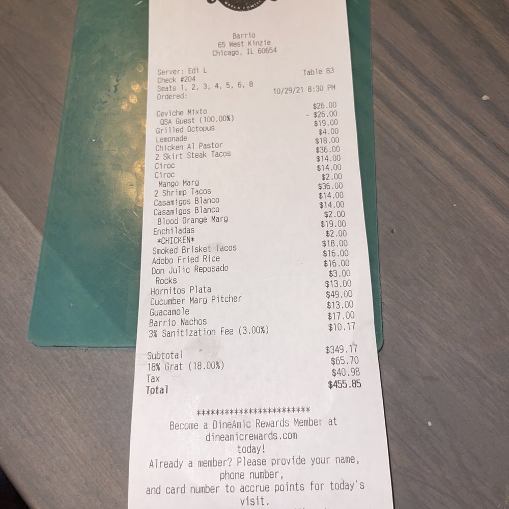 Barrio - Receipt after adjustments - Mexican Near Me - Chicago, Illinois Barrio - Receipt after adjustments - Mexican Near Me - Chicago, Illinois