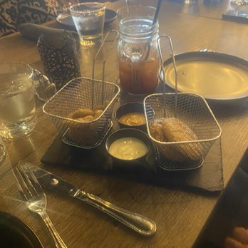American Tapas Bar - Fried Pickles & Tomatoes with 2 sauces. - New American Near Me - Fort Lauderdale, Florida