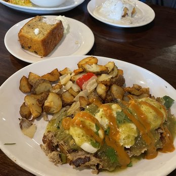 The Scratch Room - I got the Bad Hombre Benedict with potatoes and their banana loaf. My partner got the Cali-chicken omelet with fruit and biscuits and gravy - Breakfast & Brunch Near Me - Anaheim, California