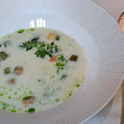 Hanse Stube - Spargelcremesuppe - Bärlauchemulsion, geröstetes Weißbrot / Cream soup of asparagus - Wild garlic emulsion. 2024 03 25. M0.