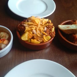 Olive Tree - Patatas taco, prawns in garlic and chilli oil and meatballs in marinara