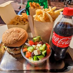 Chicken Avenue - Full Meal w/ Lamb Burger, Fresh Hot Chips w/ chicken salt, Chicken Chippys, Greek Salad and a coke