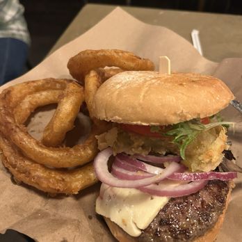 Stock & Barrel - Elk burger with a fried green tomato and onion rings - Burgers Near Me - Knoxville, Tennessee