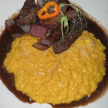 Aromas Del Peru - Lomo with rissoto a la huancaina - Peruvian Near Me - Miami, Florida