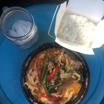 Erawan Thai - Red curry  with rice (level 5 spice) notice the water lol - Thai Near Me - Columbus, Ohio