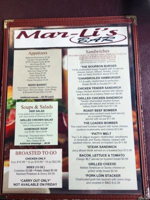 Menu photo 2 Mar-Li's Bar Sayner, WI