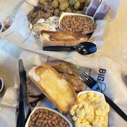 2 Meat Plate, Brisket, Mac & Cheese, jalapeño and cheese sausages, Crispy Fried Okra, Texas Toast, Barbecue Beans, Chicken Breast
