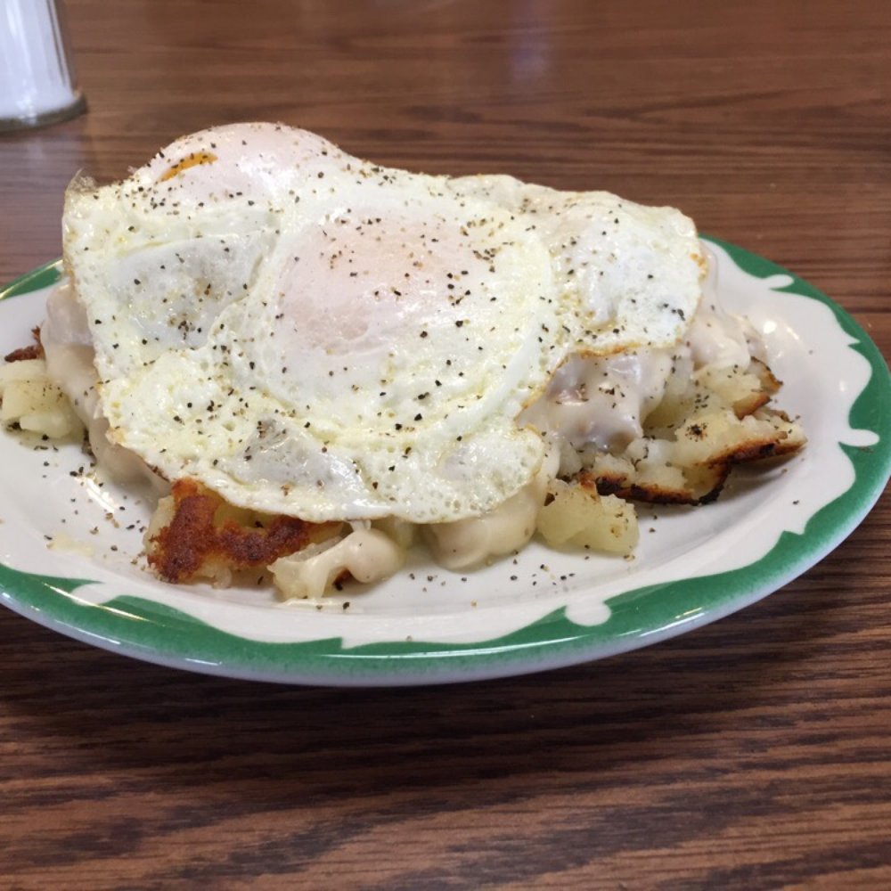 Nite Hawkes Cafe - Biscuits with hash browns and white milk gravy with two eggs cooked the way you want over the top - American Near Me - Omaha, Nebraska Nite Hawkes Cafe - Biscuits with hash browns and white milk gravy with two eggs cooked the way you want over the top - American Near Me - Omaha, Nebraska