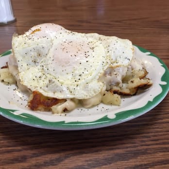 Nite Hawkes Cafe - Biscuits with hash browns and white milk gravy with two eggs cooked the way you want over the top - American Near Me - Omaha, Nebraska Nite Hawkes Cafe - Biscuits with hash browns and white milk gravy with two eggs cooked the way you want over the top - American Near Me - Omaha, Nebraska
