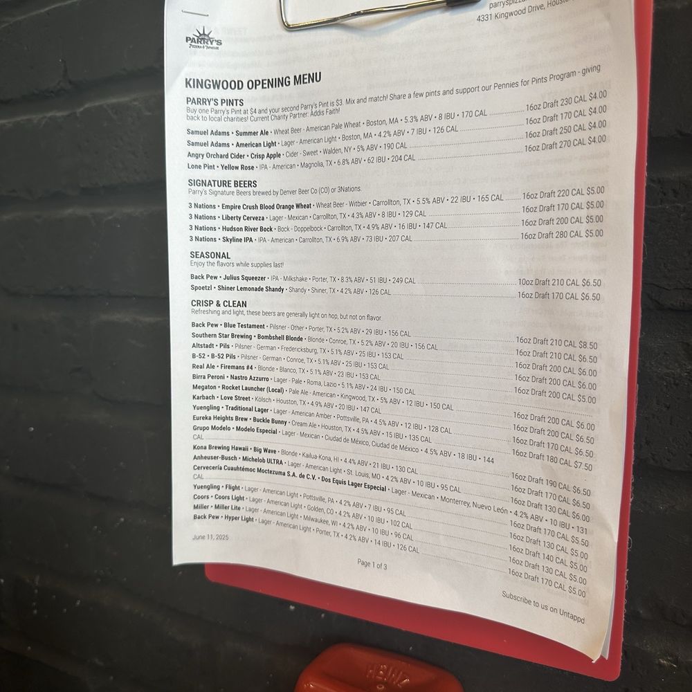 Parry's Pizzeria & Taphouse - Two pages front and back of needs to choose. - Pizza Near Me - Houston, Texas