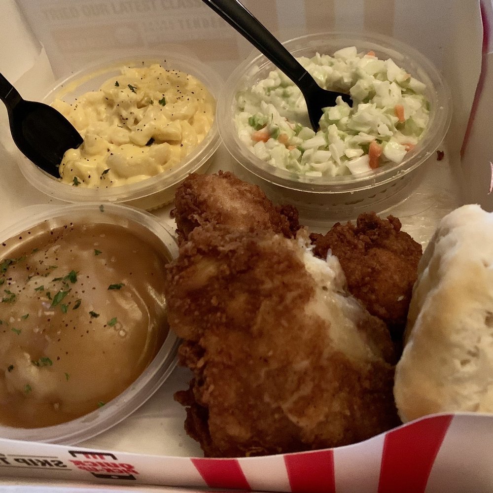 Two piece white meat meal with Mashed Potatoes & Gravy, Mac & Cheese, and Cole Slaw. Biscuit on the side. Two piece white meat meal with Mashed Potatoes & Gravy, Mac & Cheese, and Cole Slaw. Biscuit on the side.