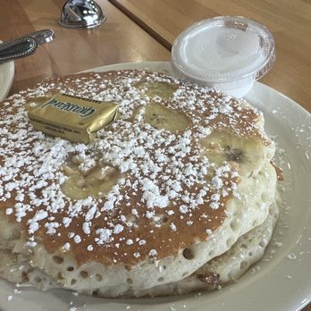Aloha Stacks - Banana Mac Nut Banana Pancake coconut syrup on side - Pancakes Near Me - El Monte, California