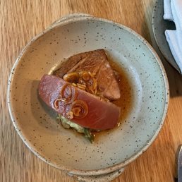 Tuna belly, Bomba rice, garlic scapes and smoked herring roe Tuna belly, Bomba rice, garlic scapes and smoked herring roe