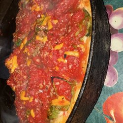 Louisa's Pizza & Pasta - Spinach sausage pan pizza
