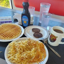 Waffle House - Favorite WH breakfast waffle double order hash brown scattered nothing else. Sausage patties cawfee 10/05/ 23