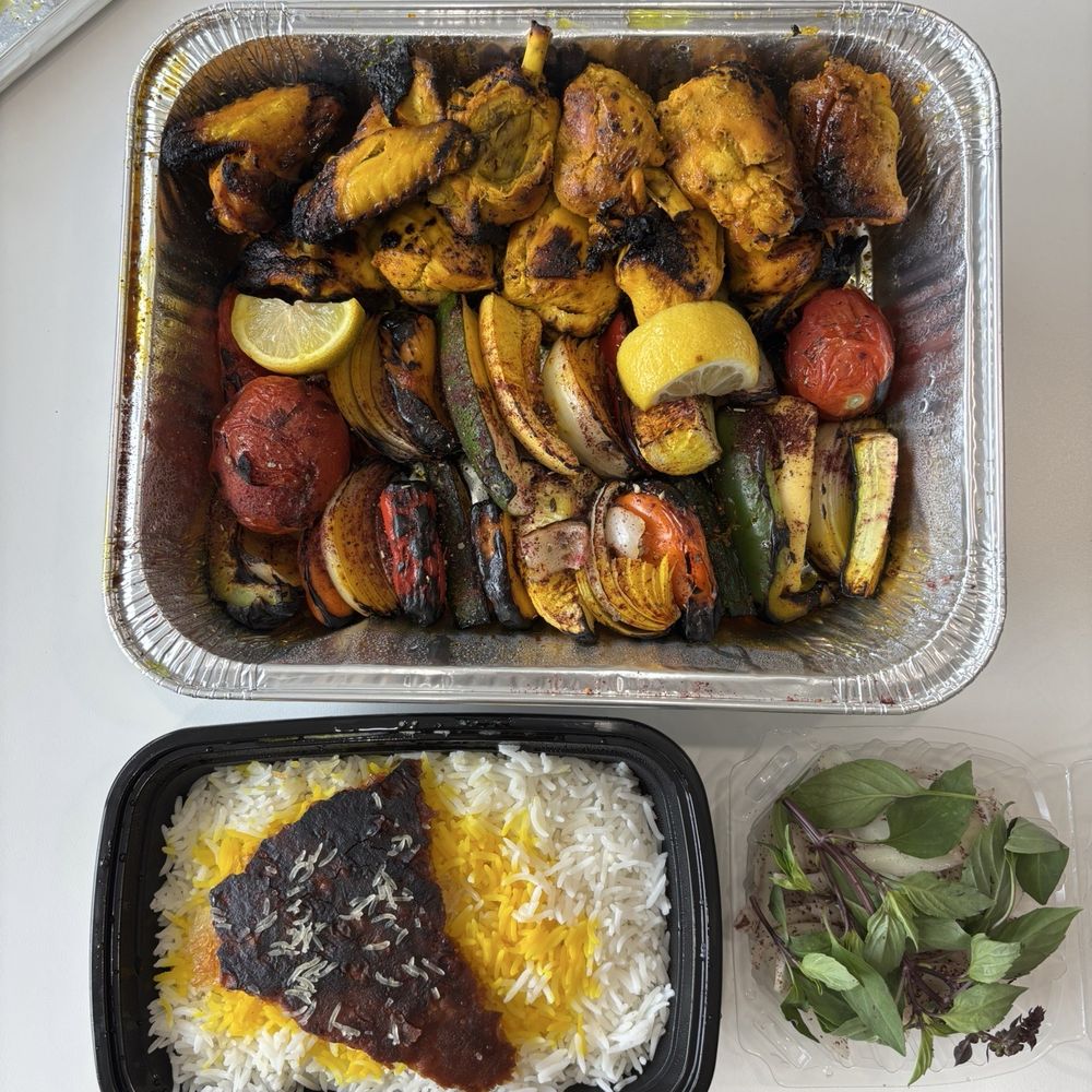 Gilan - Chicken with bone with rice and two veggie kabobs, ordered as takeout - Persian/Iranian Near Me - San Jose, California Gilan - Chicken with bone with rice and two veggie kabobs, ordered as takeout - Persian/Iranian Near Me - San Jose, California