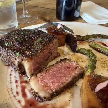 Picasso's - NY Strip medium rare with asparagus, multi-layer, fried potato cubes, foie gras stuffed morel - Pizza Near Me - Jacksonville, Florida